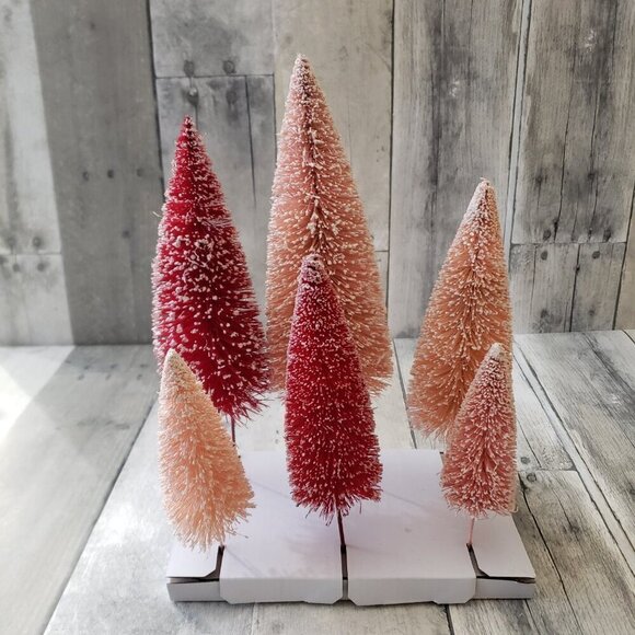 NWT - 6pc Sisal Bottle Brush Tree Pink and Red Figurine Set - Picture 1 of 3